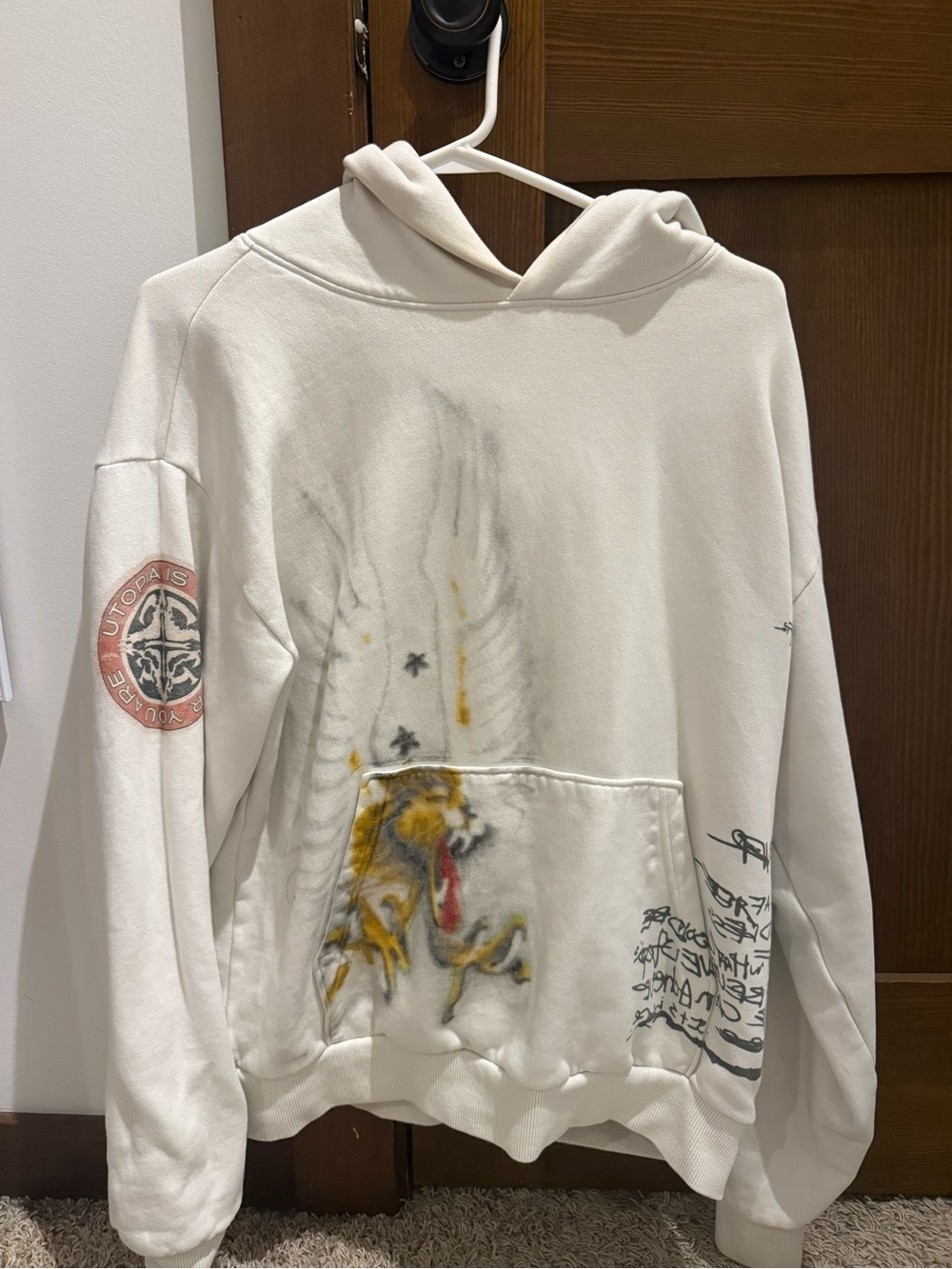 Travis Scott White Crewneck Hoodie with Graphic Eagle and Script Accents